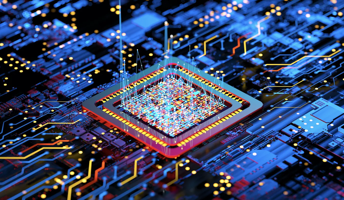 Rendering of an AI processor die with an overlaid neural network, mounted on a circuit board