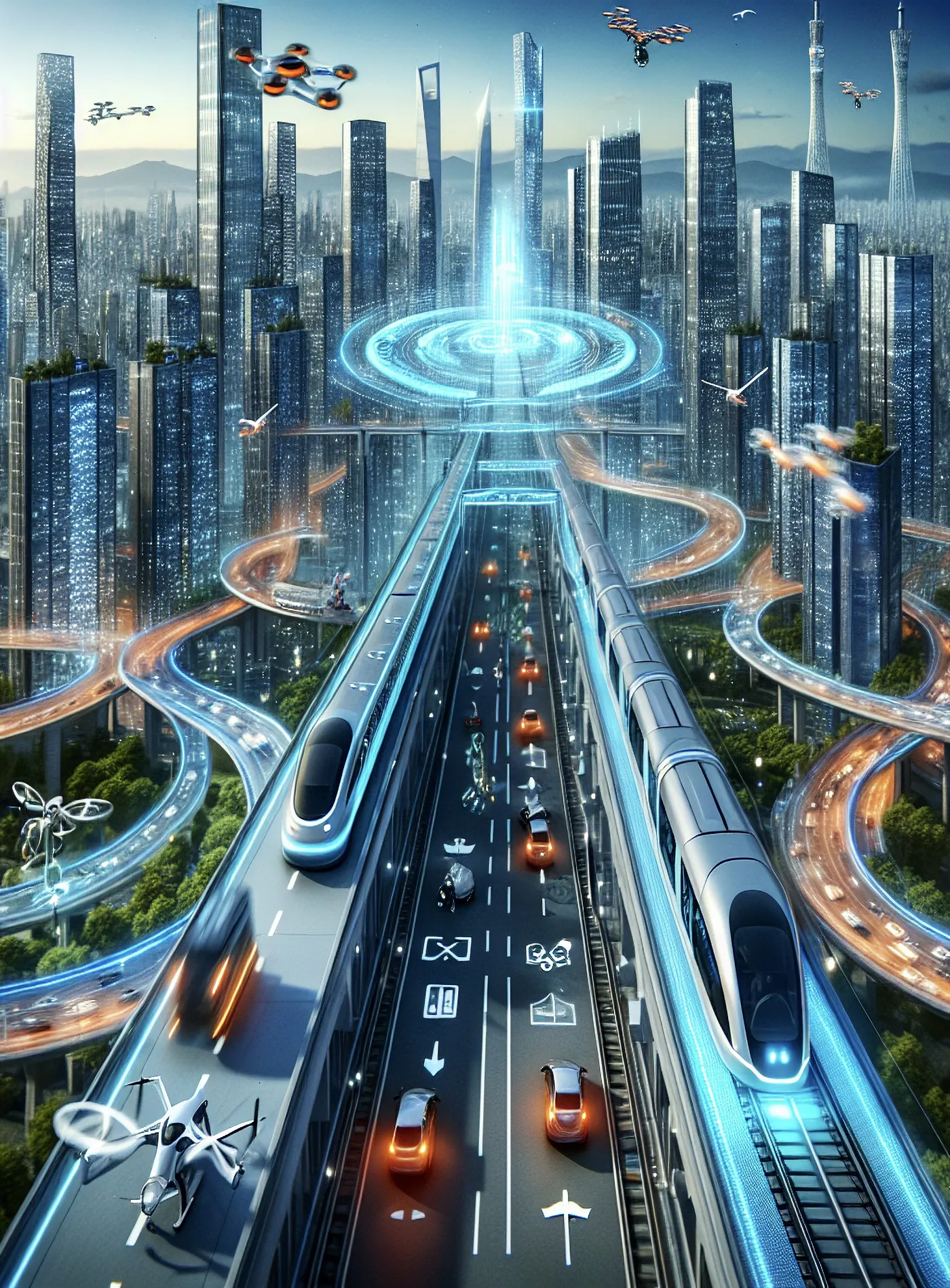 Futuristic connected city with autonomous vehicles and aerial drones on illuminated transit corridors