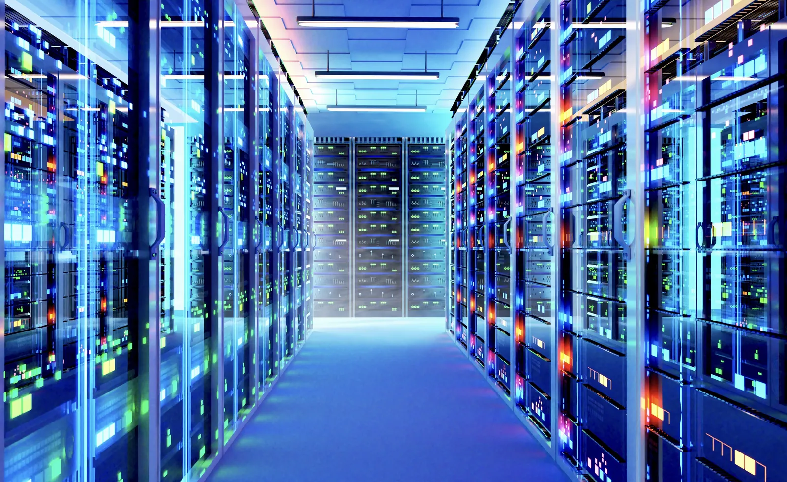 Rows of GPU server racks in a datacenter aisle