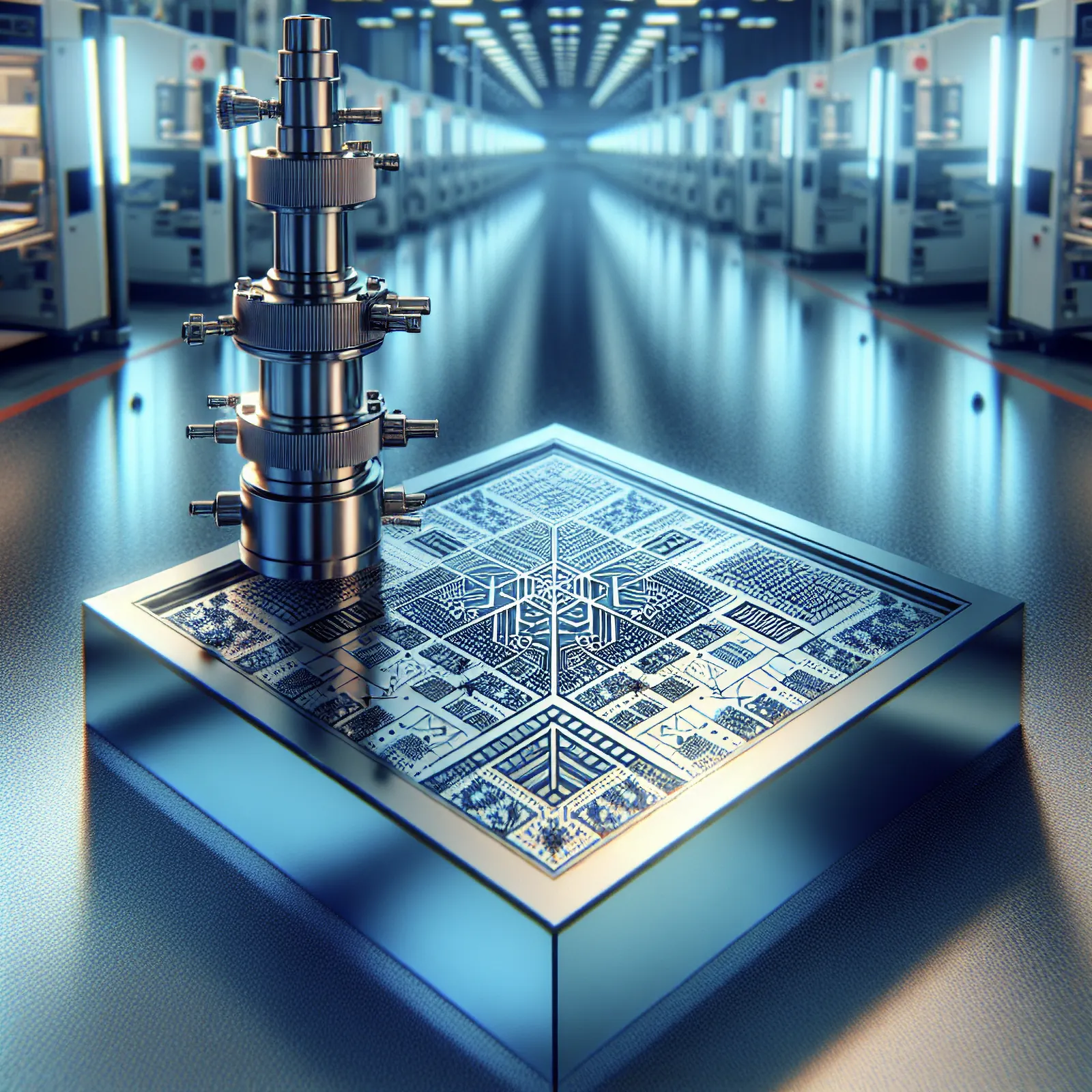 Rendering of an EUV photomask on an inspection stage inside a cleanroom fabrication facility